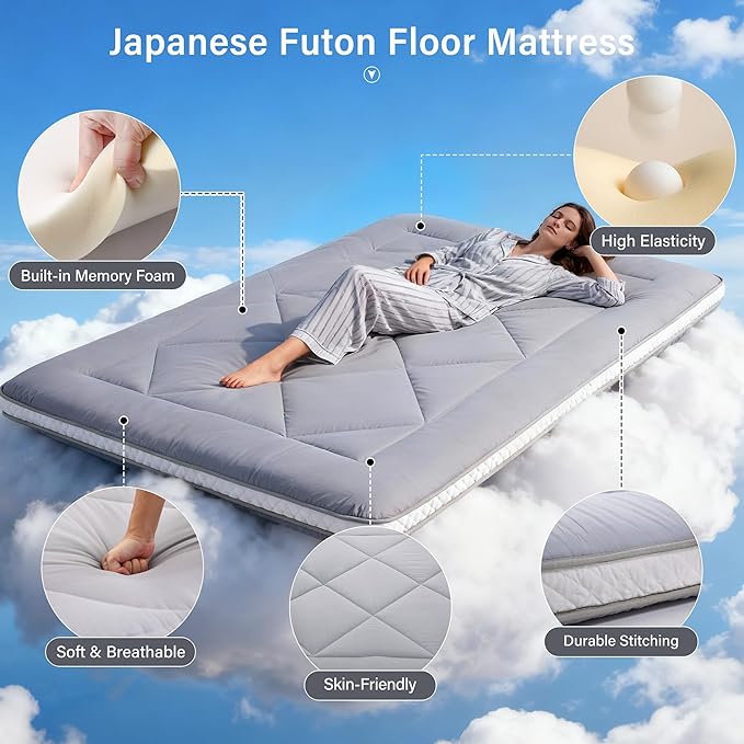 Welnow Japanese Futon Floor Mattress, Thick Full Size Tatami Mat Portable & Foldable Roll Up Floor Bed Mattress with Storage Bag, Sleeping Pad for Adults, Dorm, Guest Bed, Camping and Travel, Grey