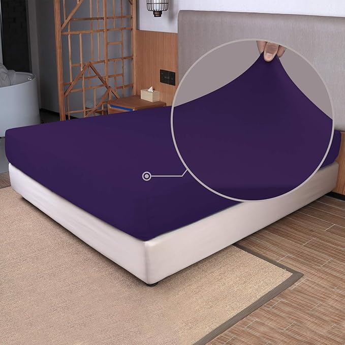 Full Size Fitted Sheet Only - 4-Way Stretch Knit, Snug Fit, Wrinkle Free & Stay in Place, No More Slipping Off for Mattress, Soft & Comfortable - Purple, Full