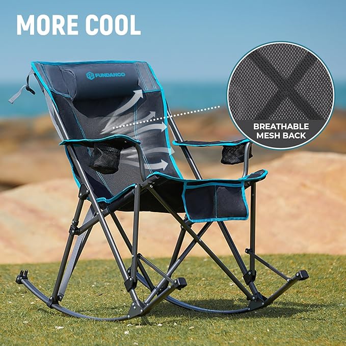 FUNDANGO Rocking Camping Chair, 2 Pack High Mesh Back Portable Folding Camp Chairs with Pillows, Cup Holder and Carry Bag for Lawn Patio Garden Outdoor Supports 300 Lbs (Black/Blue)