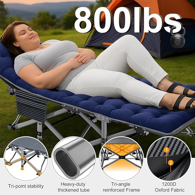 ABORON Folding Camping Cot W/Mat for Adults, Heavy Duty Outdoor Bed with Carry Bag,1200 D Layer Oxford Travel Camp Cots