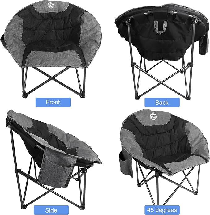 Northroad Folding Compact Camping Moon Chair, Outdoor Padded Saucer Round Chair w/Cup Holder Supports up to 300 lbs for Beach Hiking Fishing Picnic Lawn,Black