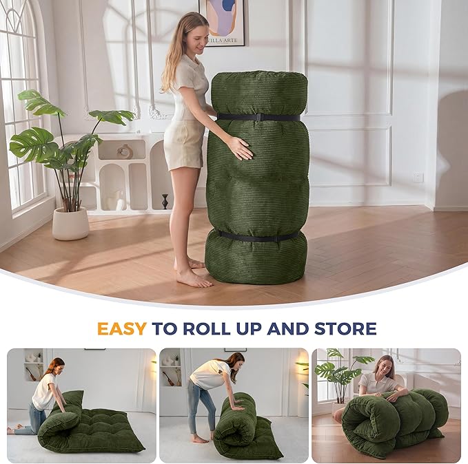 MAXYOYO 6" Japanese Floor Mattress, Foldable Futon Mattress Queen Size, Tufted Roll Up Floor Bed, Thick Tatami Mat Sleeping Pad Portable Lounger for Camping Guest Room Dormitory Bedroom RV, Dark Green