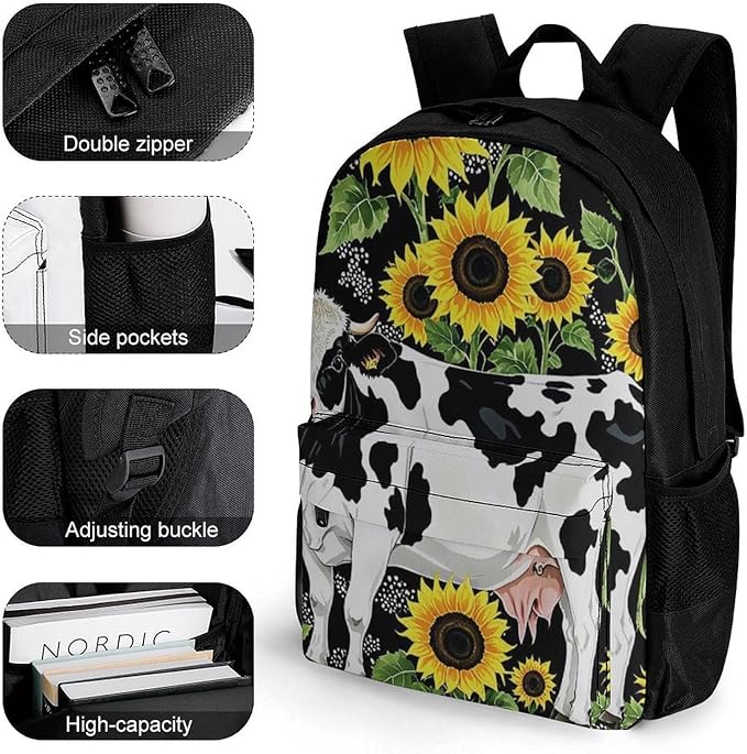 Supdreamc Polyester Daypack for Hiking Work Running, Big Capacity Anti-Theft Multipurpose Shoulder Bag, Farm Cow Sunflower Print Travel and Sport Backpack Rucksack