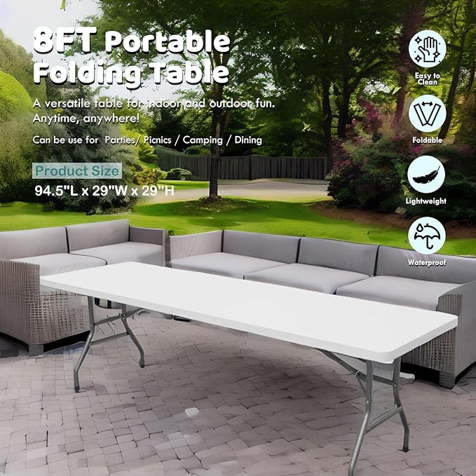 AJP Distributors 8 Foot Portable Plastic Folding Table 8FT 96" Half Foldable Heavy Duty Top w/Carry Handle - Indoor Outdoor Backyard Camping Picnic BBQ Party Wedding Dining Office Event Meeting White