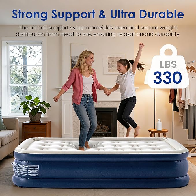 Camping Twin Air Mattress with Built-in Pump 18" Thickness 330lbs Heavy Duty Comfortable Blow up Air Mattress with Carry Bag Inflatable Foldable Flocked Top Air Bed for Travel, Home (Blue & Grey)