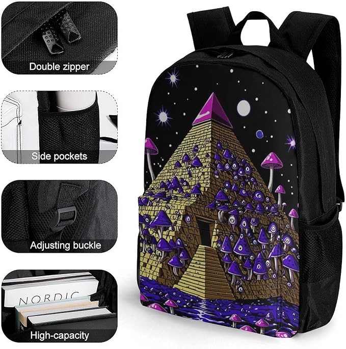 Men Women Lightweight Trippy Magic Pyramid Mushrooms Universe Art Casual Daypack Big Capacity Bookbag With Padded Straps for Gym Travel Walking Cycling
