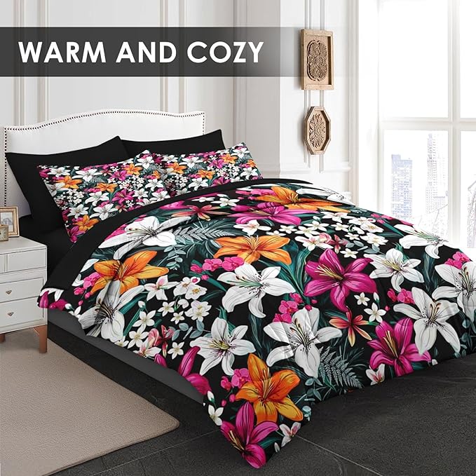 Comforter Set Full Size, Lilies Orange Pink Flowers 7 Pcs Bedding for Kids and Adults, Floral Blossom Hawaii Bed Sheet Sets with Fitted Sheet 2 Pillowcases & 2 Shams for Bedroom Bed Decor