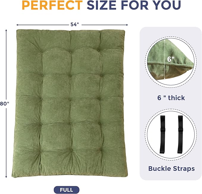 MAXYOYO Floor Mattress Full Size, 6" Chenille Japanese Futon Mattress Foldable Floor Bed for Adults Tufted Roll Up Floor Couch Bed, Tatami Mat Sleeping Pad for Living Room, Bedroom, Green