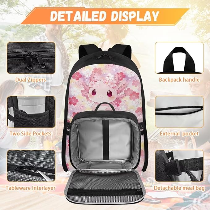 HUGS IDEA Cute Axolotl Kids Backpack with Matching Lunch Box for Girls Cute Backpack for School Girls School Bag Set for Elementary Students Kids Casual Camping Hiking Daypack