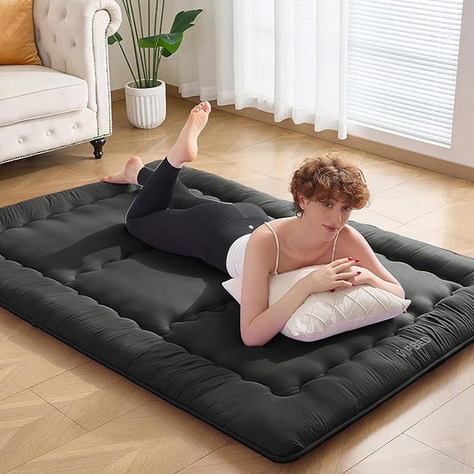 Japanese Floor Futon Mattress Full Size, 4" Thicken Foldable Mattress Tatami Mat Sleeping Pad, 25D Foam Filled Traditional Shiki Futon (shikibuton), Designed in Japan (Black 54"x 80")
