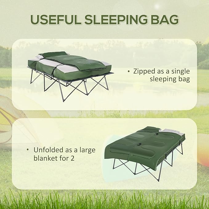Outsunny 2-Person Folding Camping Cot Portable Outdoor Bed Set with Sleeping Bag, Inflatable Air Mattress, Comfort Pillows and Carry Bag, Soft and Comfortable for Outdoor Travel Camp Beach Vacation
