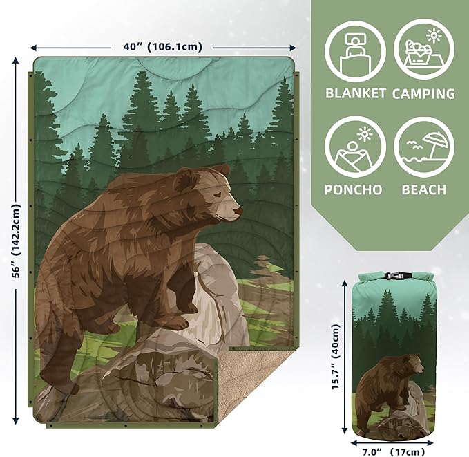 Outdoor Camping Blanket with Sherpa Lining, Extra Warm Thick Camp Blankets and Puffy Ultralight Soft Poncho DWR Camping Quilt for Cold Weather, Adventure, Sleeping, Backpacking 56"x 40"