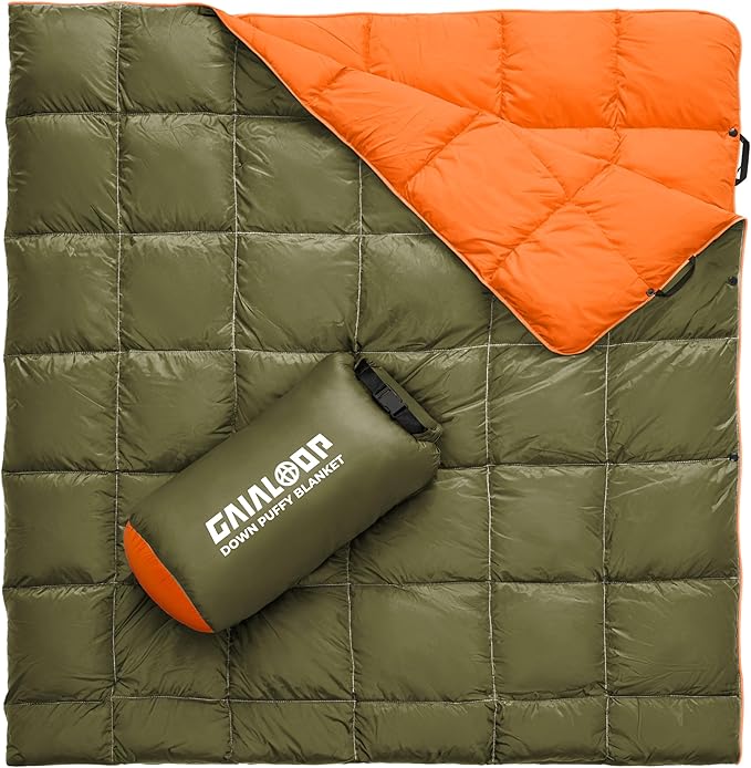 Down Puffy Blanket for 2 Person Car Camping Outdoor Travel Backpacking, 80% Duck Down & 20% Feather Lightweight Portable Soft Warm Cozy Camping Blanket Quilt, Olive Green