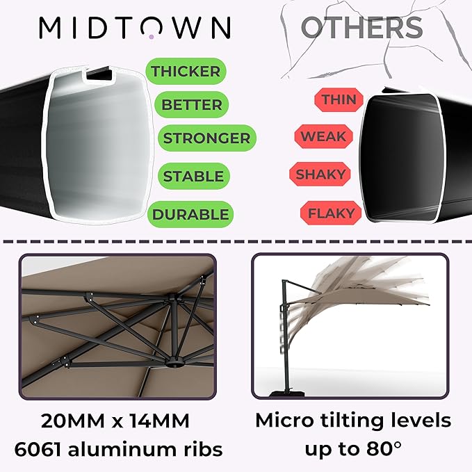 Midtown Umbrellas 10 Ft Outdoor Cantilever Patio Umbrella w/Sunbrella Cast Shale Fabric - 360° Rotate Offset Patio Umbrella, Deck Patio Umbrella, Backyard Umbrella & Garden Umbrella - Black Frame