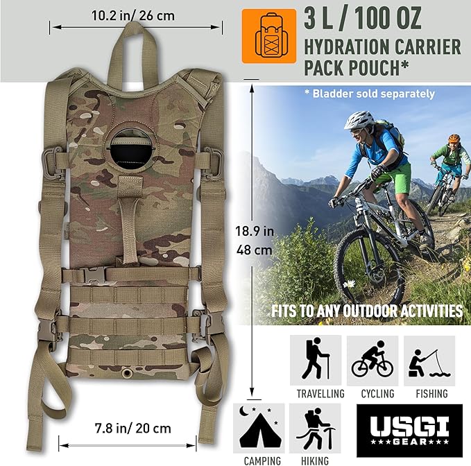 Multicam MOLLE Hydration Carrier – Holds 3-Liter Water Bladder – Tactical Military Backpack for Hiking, Biking, Camping, and Outdoor Use