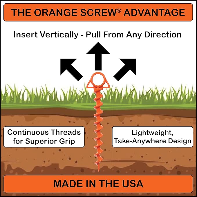 Ultimate Ground Anchors: Heavy Duty Screw-in Tent Stakes for High Wind, Sand, Canopies, and Camping - Made in USA, Included T-Grip Tool - (Large, Single Pack, Orange)