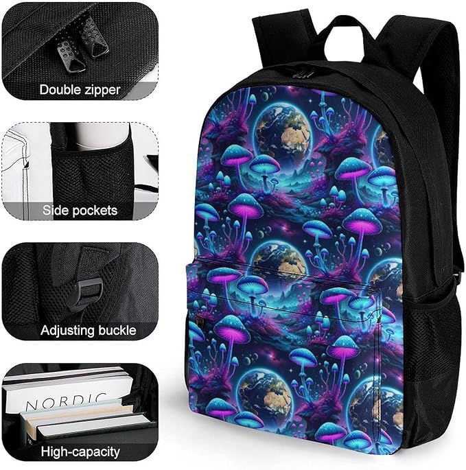 Daypack Anti-Theft Multipurpose Large Capacity Shoulder Bag, Trippy Mushroom Magic World Glowing Art Travel Hiking Camping Rucksack With Smooth Zippers