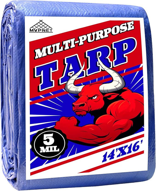 Tarp 14x16 ft 100% Waterproof Uv Resistant High Durability Multipurpose 5mil Blue Tarp for Covering Courtyards, Cars, Camping, Gardens, Pet Nests -by MVPNET