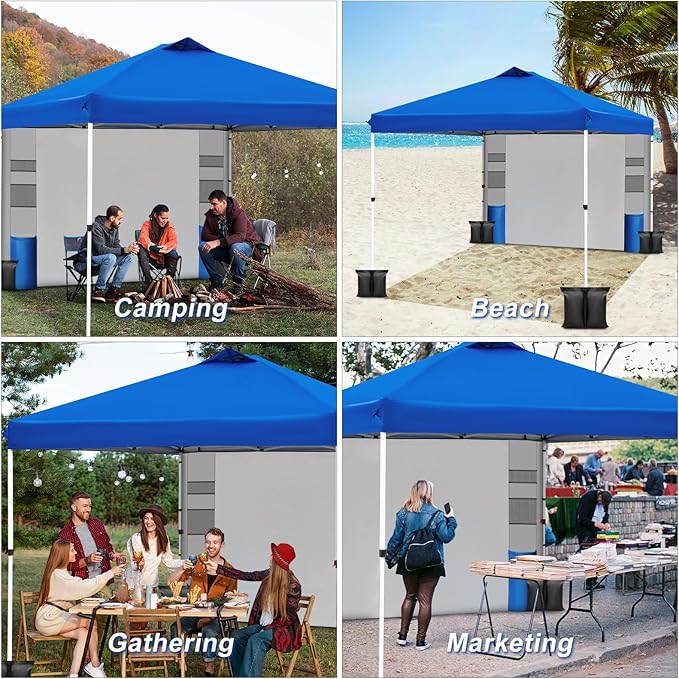 WEIZE 10ft X10ft Pop Up Canopy Tent,One-Button Push Setup,Pop Up Tent with 1 Sidewall and 6 Pockets,Adjustable Height Instant Portable Shelter,4 Weight Bags,Sun Shade for Events & Beach (Blue)