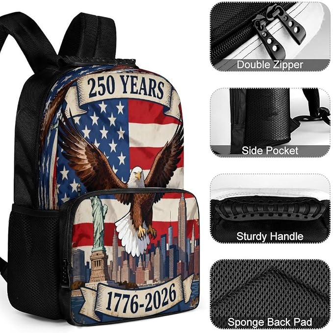 Adults Lightweight 250th Anniversary 1776-2026 Patriotic Eagle Art Shoulder Book Bags Big Capacity Shoulder Bag With Adjustable Shoulder Straps for Trekking Work Walking Cycling