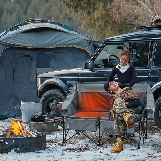 Timber Ridge Heated Double Camping Chair, 700 lbs Heavy Duty Outdoor Folding Camp Couch, Oversized Comfort Loveseat Camping Chairs Perfect for Outdoor Sports, Camping, Lawn(Power Bank not Included)