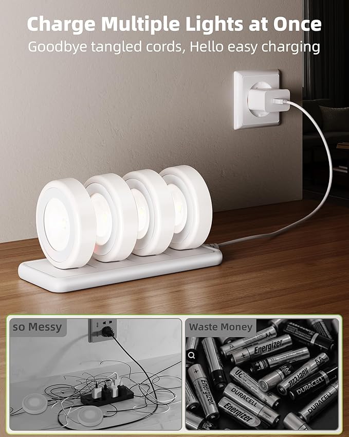 EZVALO LED Puck Lights with Charging Station, Rechargeable Sitck On Tap Lights, Wireless Closet Light, 3 Color Temps, Under Cabinet Lights, 2.5'' Mini Touch Light for Kitchen,Pantry,Shelves(4 Pack)
