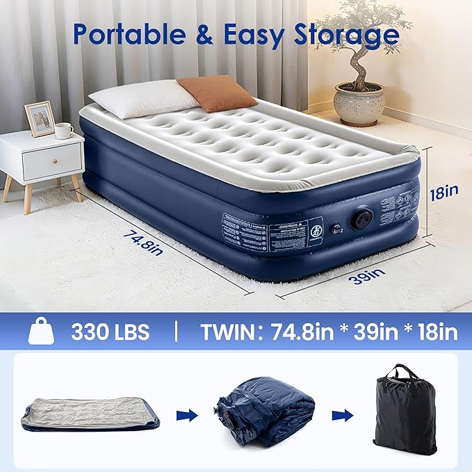 Camping Twin Air Mattress with Built-in Pump 18" Thickness 330lbs Heavy Duty Comfortable Blow up Air Mattress with Carry Bag Inflatable Foldable Flocked Top Air Bed for Travel, Home (Blue & Grey)