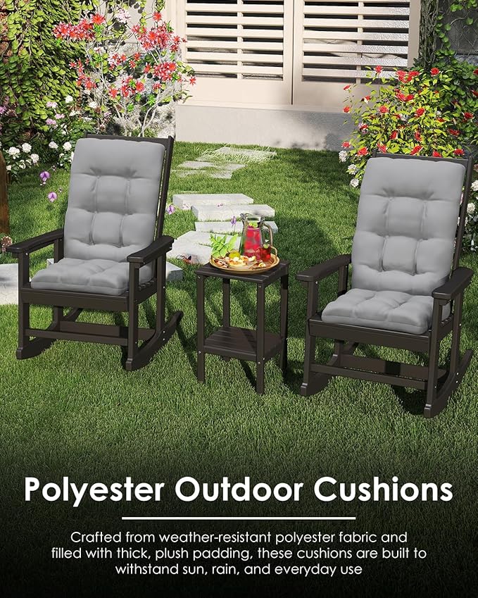 GREENVINES Rocking Chair Cushions Set of 4 | Polyester | Waterproof | Outdoor High Back Rocker Chairs Cushion | Seat with Ties | Non-Slip | Thickened Pad for Patio | 46.5" x 18.5" x 4.3" | Grey