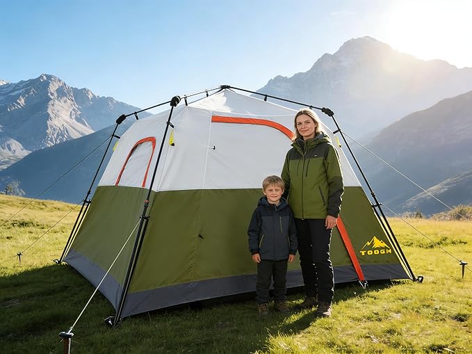 3/4 Person Camping Tent with 1 Door, 4 Windows, and Upgraded Ventilation– Instant Setup, Waterproof, 8'x 8'x 67''Oxford Fabric Floor Pop Up in 60 Seconds Includes Rainfly and Backpack
