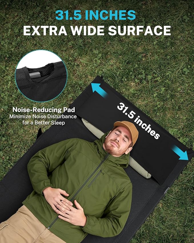 Gonex 31.5" Extra Wide Camping Cot with Leg Extenders 2 in 1 Portable Folding Cot for Adults Height Adjustable Supports 350lbs Sleeping Bed for Backpacking Travel Beach Home (Black)