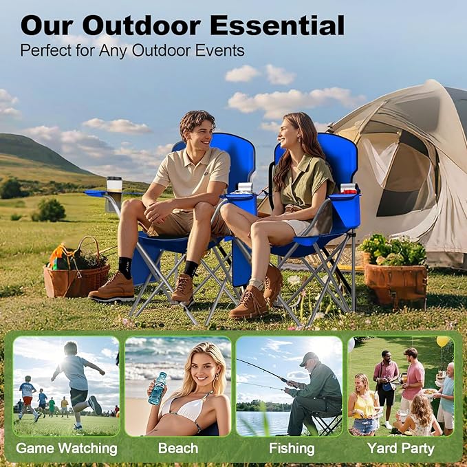 Folding Camping Chairs Durable 600D Oxford, Portable Outdoor Chair with Cooler Pouch, Cup Holder & Storage Pocket for Camping, Beach, Fishing