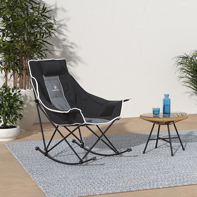 Dowinx Oversized Rocking Camping Chair, Fully Padded Patio Chair with Side Pocket and Carry Bag, High Back Portable Lawn Recliner with Headrest, Support 300 lbs, Grey