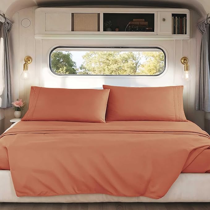 Hearth & Harbor Short Queen Sheets for RV, Rust RV Queen Sheets, Silky Soft 1800 Microfiber Bed Sheet for Camper, 4 Piece RV Bedding with Pillowcases