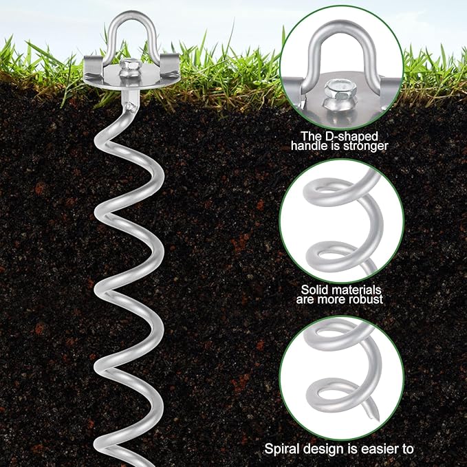 MIXXIDEA 17.5 Inch Gound Anchors Screw in, Metal Spiral Earth Anchors Kit, Heavy Duty Folding Ring Spiral Stake with Straps, Ground Stakes for Tent Trampolines, Sheds, Swings (Silver, 17.5 Inch)