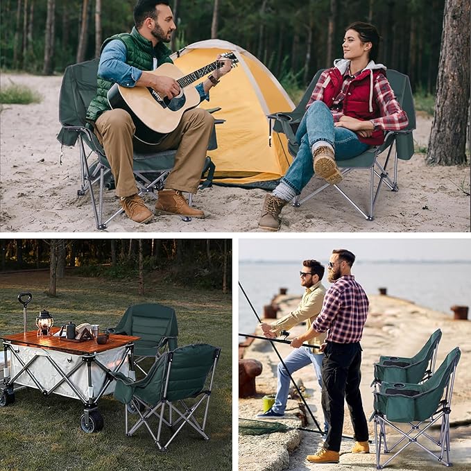 Camping Chair, Padded Camping Chair Cushioned Extra Wide, Lounge Patio Chair for Adults, Heavy-Duty 400Lbs with Cooler, Cup Holder, and Carry Bag (Green, 2-Pack)