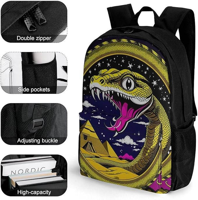 Supdreamc Lightweight Daypack for Camping Business Walking Cycling, Large Capacity Anti-Theft Multipurpose Bookbag, Egypt'S Mysterious Pyramids Golden Snake Art Gym Outdoor Hiking Backpack