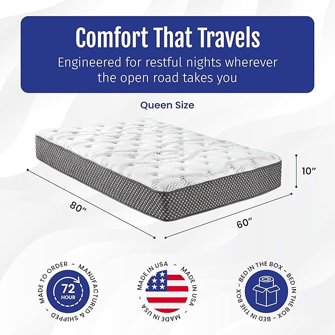 WanderRest Cool Hybrid 10” RV Mattress, Queen 60x80, Medium, Cooling Gel Memory Foam & Pocketed Coil Mattress for RV, Camper, or Travel Trailer, Made in USA