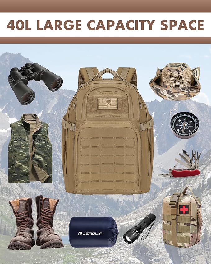 TRAILKICKER Military Tactical Backpack 40L for Men, Hiking Molle EDC Daypack Work Backpack with Water Bladder Compartment