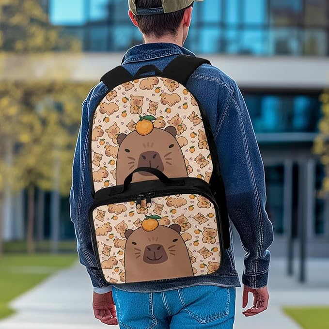HUGS IDEA Orange Capybara School Backpack for Girls 8-10 with Lunchbox Backpacks for Elementary Students School Bag Large Capacity School Book Bag for Kids Casual Travel Daycare
