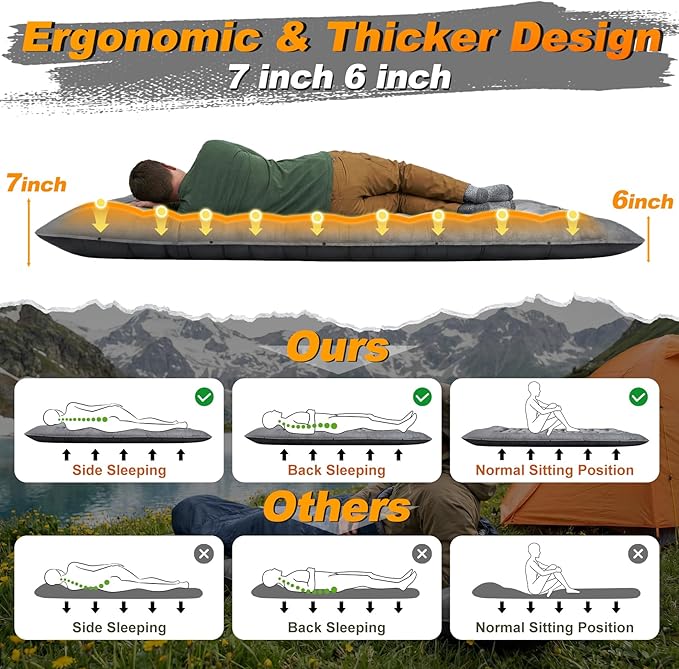 KASBAH Camping Sleeping Pad, 9.5R-Value Thick 6 inch Camping Mat with Pillow Built-in Foot Pump Inflatable Sleeping Pads Compact for Camping Backpacking Hiking Traveling