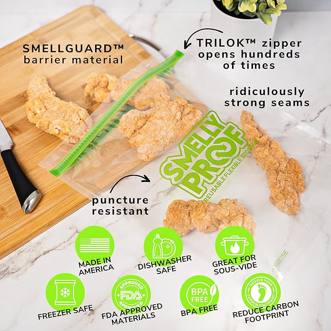 Reusable Food Storage Bags by Smelly Proof, Reusable Freezer Bags, MADE IN USA, Dishwasher-Safe, BPA FREE, NO PEVA, XL 3-mil, Extra Large Clear FLAT 10.5" x 12" GALLON 10-Pack | Airtight Seal, Leakproof Closure, Odor Blocking, Reusable, Multi-Layer Fil...
