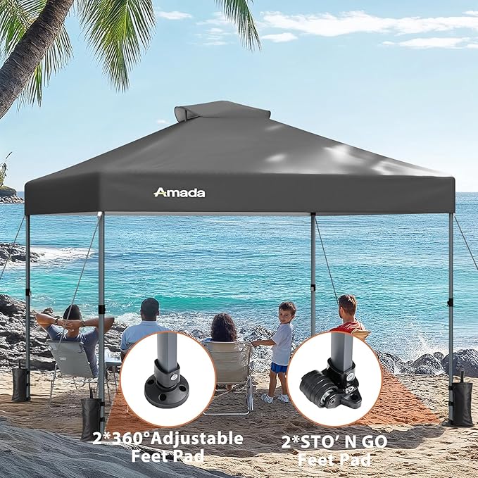 Amada 10x10 Pop Up Canopy - Center Lock One Push Instant Setup Gazebo Outdoor Canopy Beach Tent with STO-N-Go Bag 8 Stakes & 4 Sand Bags, 3-Height Adjustable Shade Shelter (10x10ft, Grey)