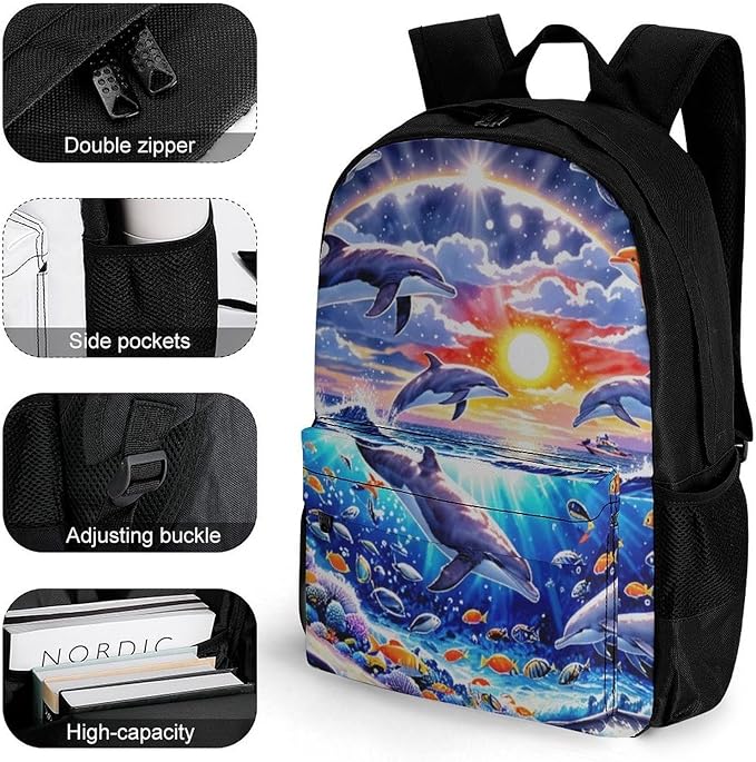 Supdreamc Lightweight Rucksacks for Camping Picnic Walking Cycling, Large Capacity Multipurpose Anti-Theft Carry On Bag, Dolphin Underwater World Rainbow Travel Hiking Camping Rucksack