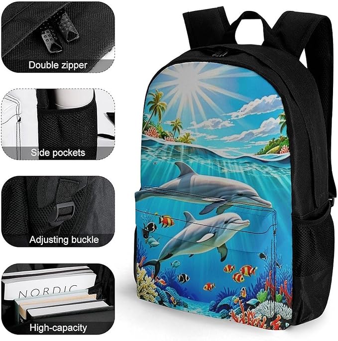 Daypack Polyester Anti-Theft Multipurpose Dolphin Blue Ocean Underwater World Bookbag Big Capacity Gym Outdoor Hiking Backpack With Adjustable Shoulder Straps