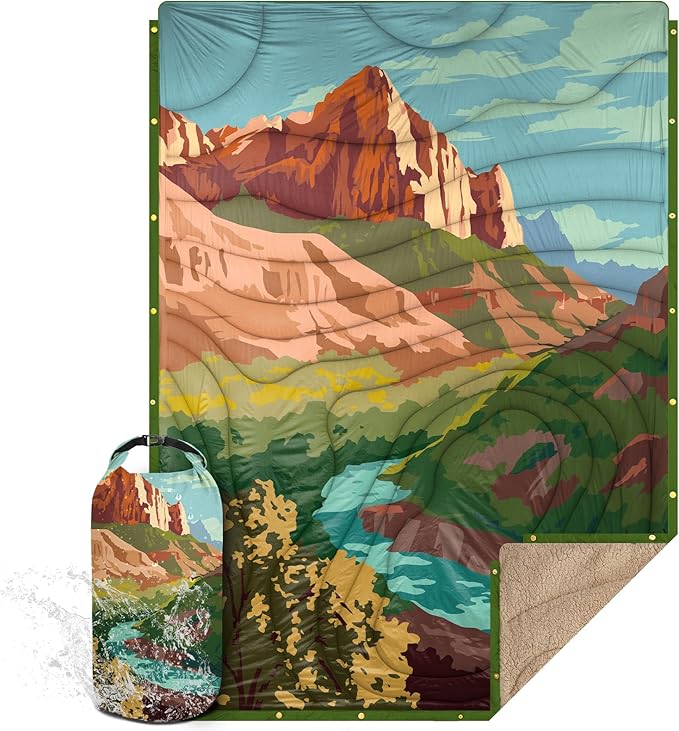 Outdoor Camping Blanket with Sherpa Lining, Extra Warm Thick Camp Blankets and Puffy Ultralight Soft Poncho DWR Camping Quilt for Cold Weather, Adventure, Sleeping, Backpacking 78"x 56"