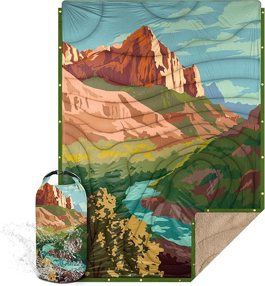 Outdoor Camping Blanket with Sherpa Lining, Extra Warm Thick Camp Blankets and Puffy Ultralight Soft Poncho DWR Camping Quilt for Cold Weather, Adventure, Sleeping, Backpacking 78"x 56"