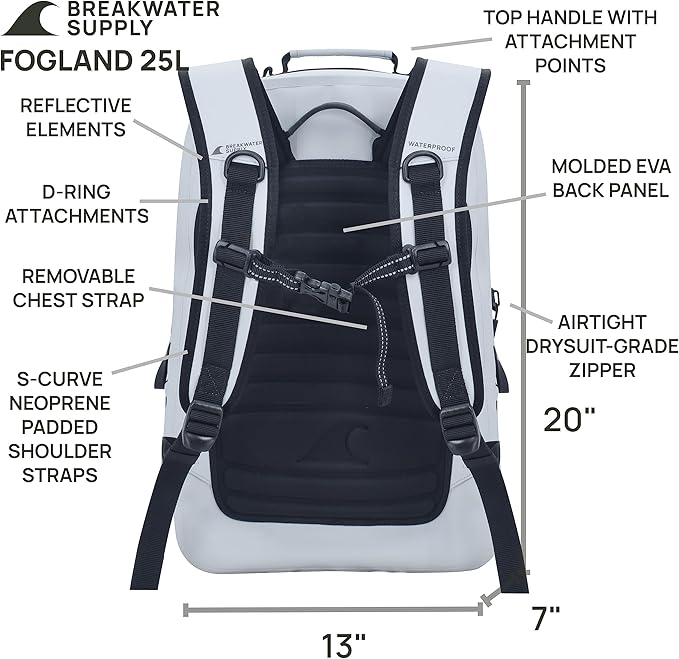 Breakwater Supply™ Fogland Waterproof IP68 Submersible Backpack with Airtight Zippers | Laptop Travel Outdoors | 25L 20L 15L | 100% Waterproof, Submersible, Airtight Zippers, Travel Outdoors