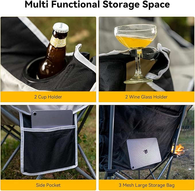 Double Camping Chair – 2-3 Person Outdoor Folding Sofa with Cup & Wine Glass Holders – Oversized Loveseat Camping Couch for Campfire, RV, Backyard – Supports Up to 660 lbs