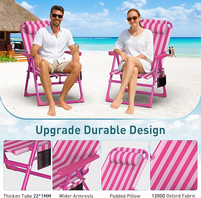 Suteck Backpack Beach Chairs for Adults 2 Pack, 6-Position Folding Reclining Chair with Cooler Bag & Cup Holder, Lightweight Portable Beach Chair for Camping, Outdoor, Sand, Travel Use