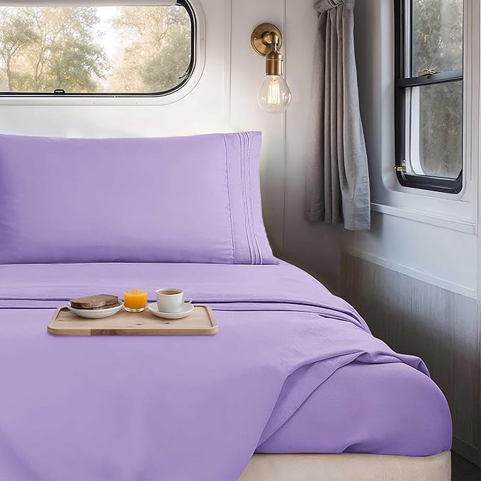 Hearth & Harbor Short Queen Sheets for RV, Lavender RV Queen Sheets, Silky Soft 1800 Microfiber Bed Sheet for Camper, 4 Piece RV Bedding with Pillowcases